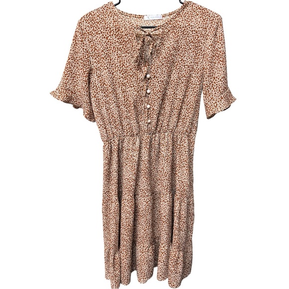 Kirundo Leopard Tan Brown Print Tiered Dress Tie Neck Short Sleeve Size M - Picture 3 of 7
